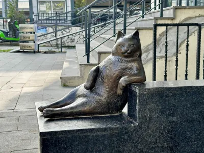 The bronze statue of Tombili in Kadıköy: a plump cat leaning on one elbow on the edge of a step