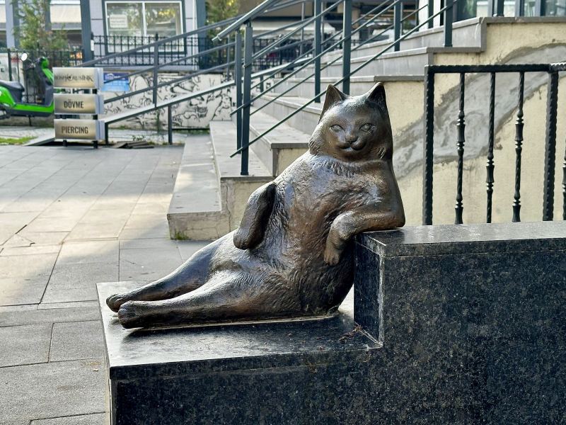 Die Bronzestatue von Tombili in Kadıköy: eine rundliche Katze, auf einen Ellbogen gestützt, am Rand einer Stufe