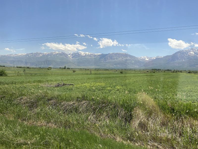 Schneebedeckte Berge hinter grünen Feldern, aus dem Doğu Ekspresi bei Erzurum gesehen