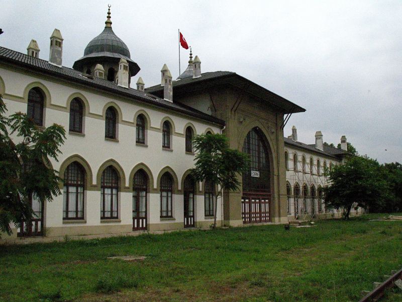The old Karaağaç railway station building with its domed central tower