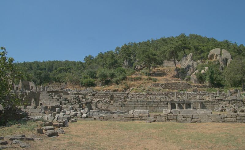 Stone terrace walls and column stumps of the sanctuary at Labraunda below a pine-covered hill with granite boulders