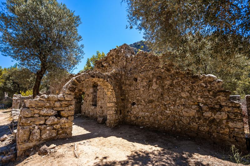Ruined stone walls among trees at the ancient city of Olympos
