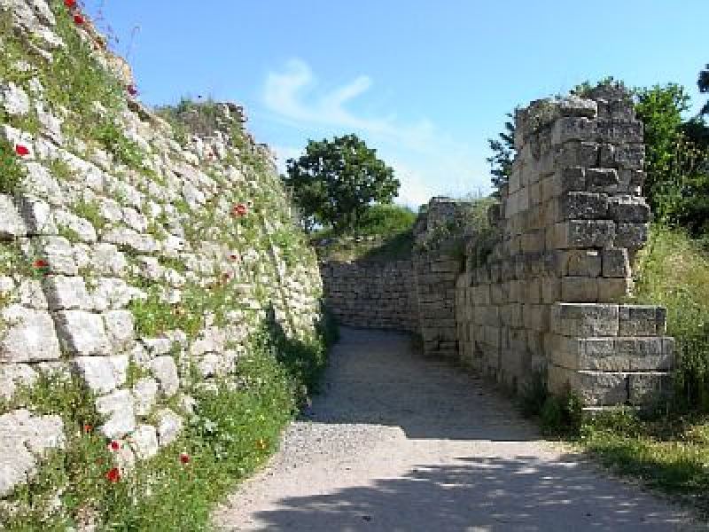 Stone walls and excavated layers on the mound of Troy