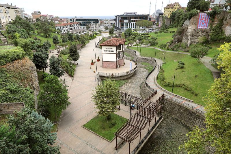 Paths, lawns and a stream running through Zağnos Valley Park in Trabzon